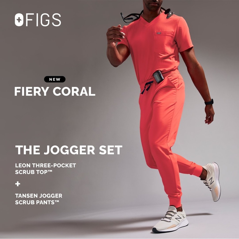Set - Fiery Coral Leon Scrub Top L /Tansen Jogger Scrub Pants M Short